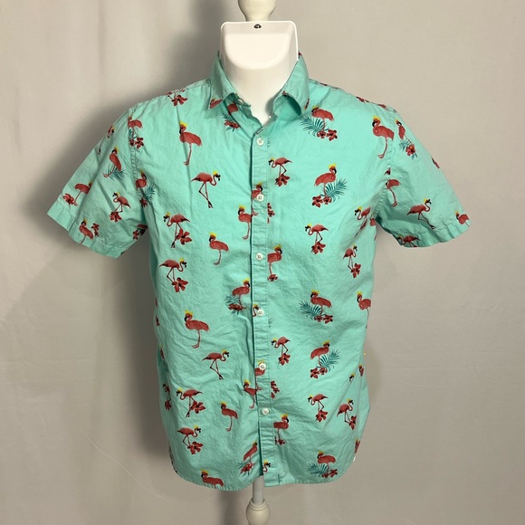 Denim & Flower Aqua Short-Sleeve Button-Down with Flamingo Print - Picture 4 of 9